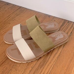Sorel Two-Band Slide Sandals in Olive Green and Cream